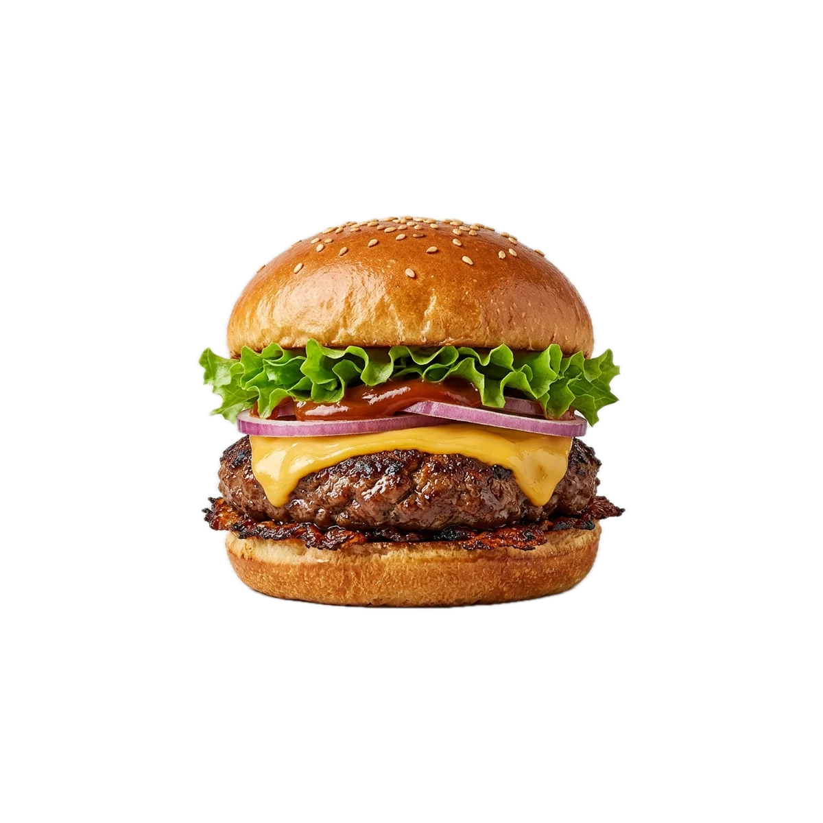 A tall burger built on a Plant Meat patty, with lettuce, red onion, smoky sauce and melted cheese