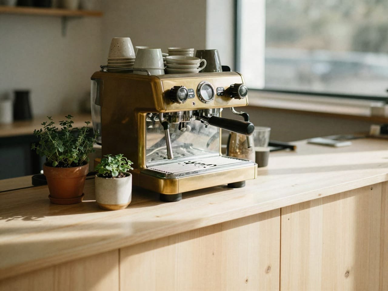 An espresso machine on an oak counter beside potted herbs