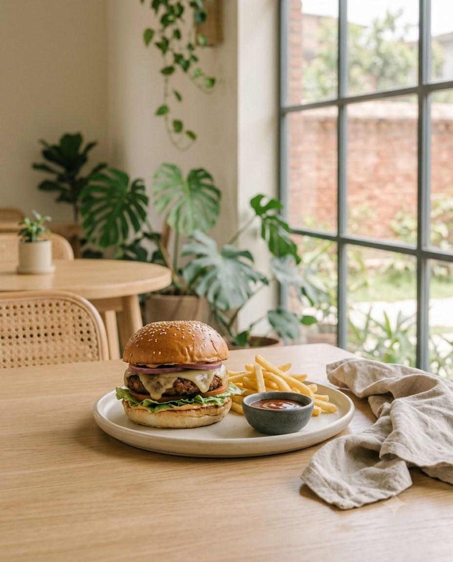 A plant-based burger with fries and a little bowl of smoky sauce, on an oak table by the window