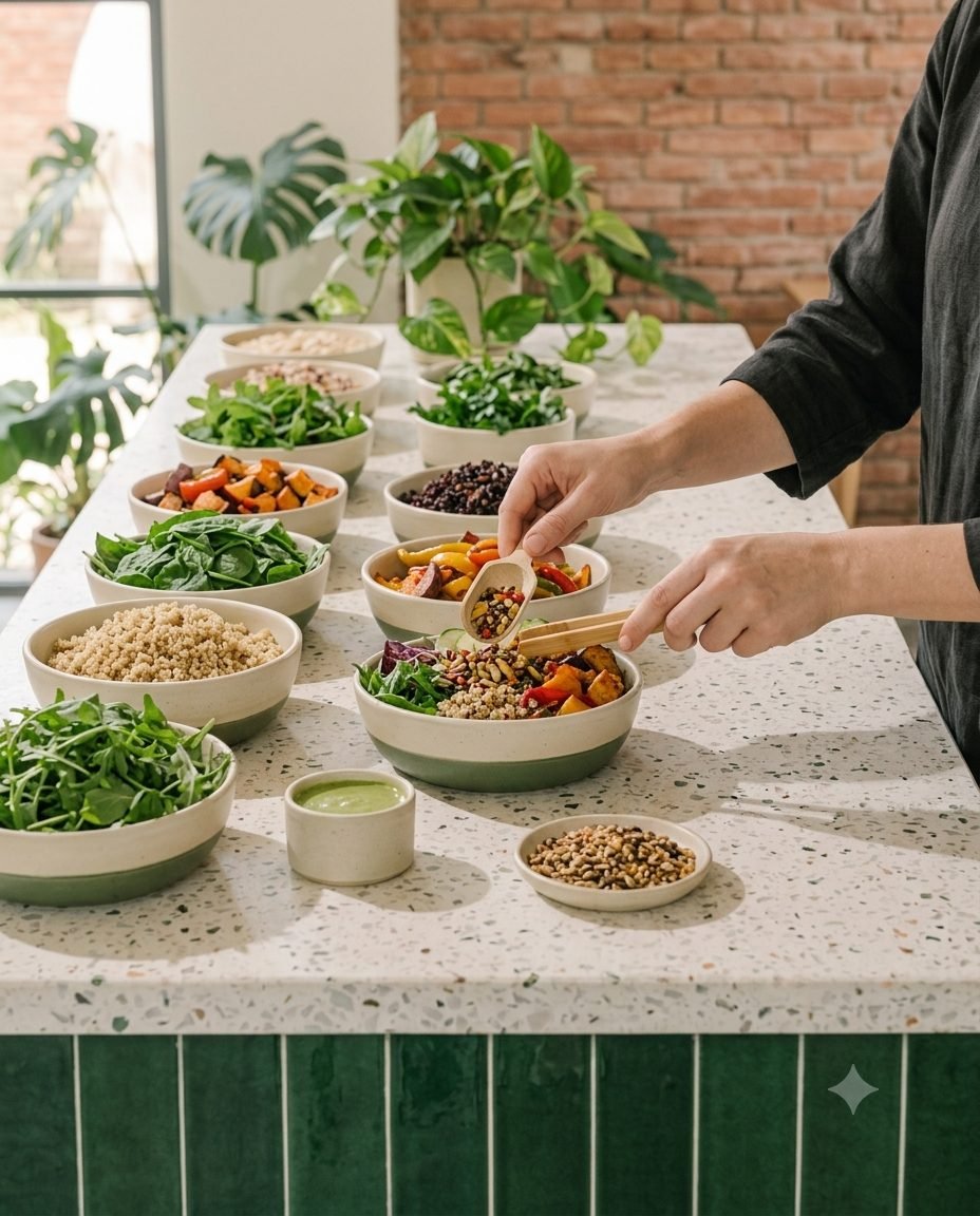 Hands building a bowl at the fresh counter, among bowls of greens, grains and roasted vegetables