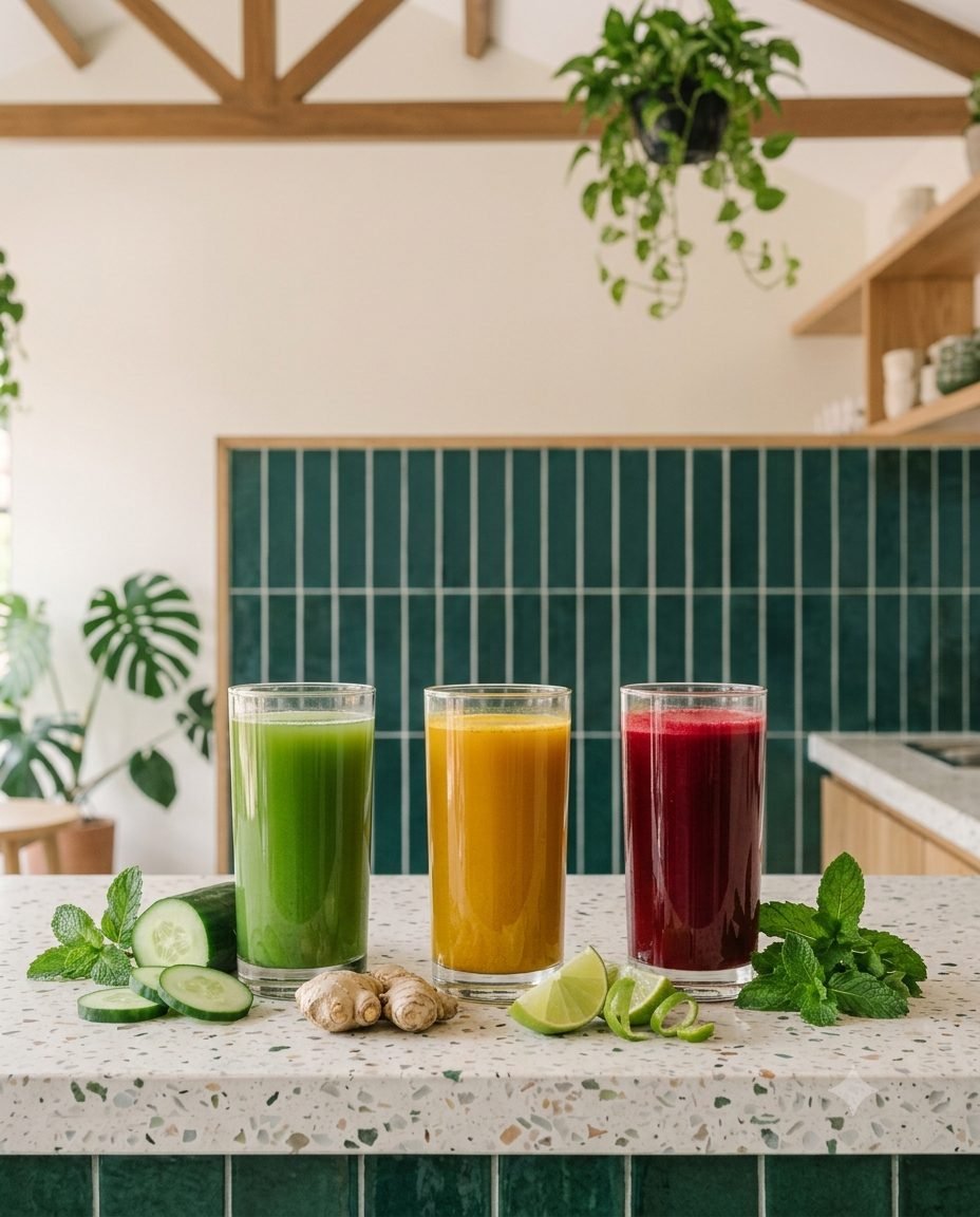 Three fresh juices, green, golden and beetroot red, on the terrazzo bar