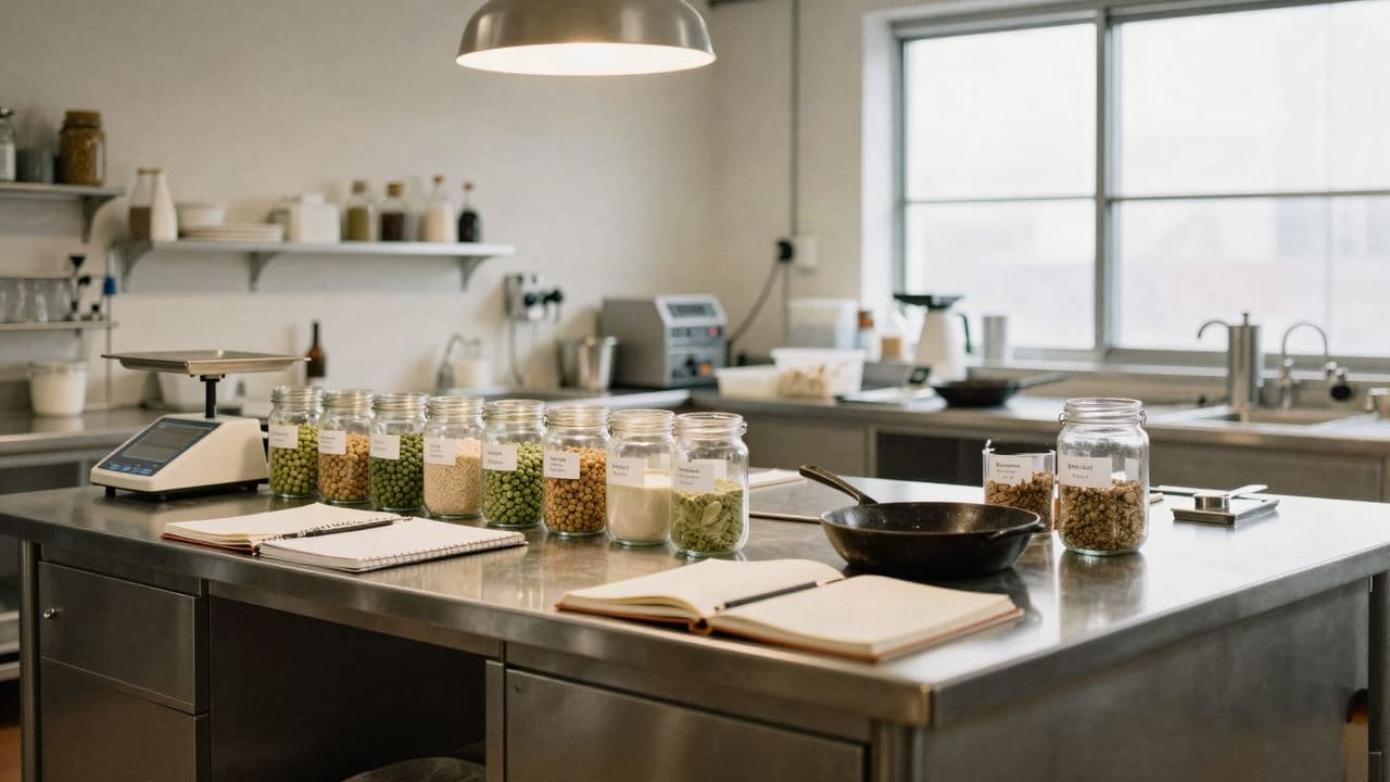 Jars of grains and seeds along a steel prep counter