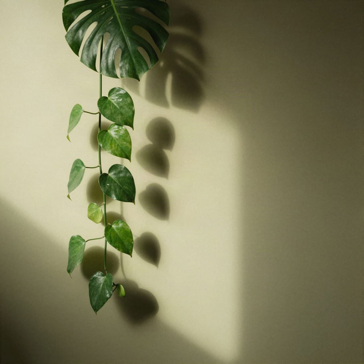 A trailing plant and its shadow on a sage-green wall