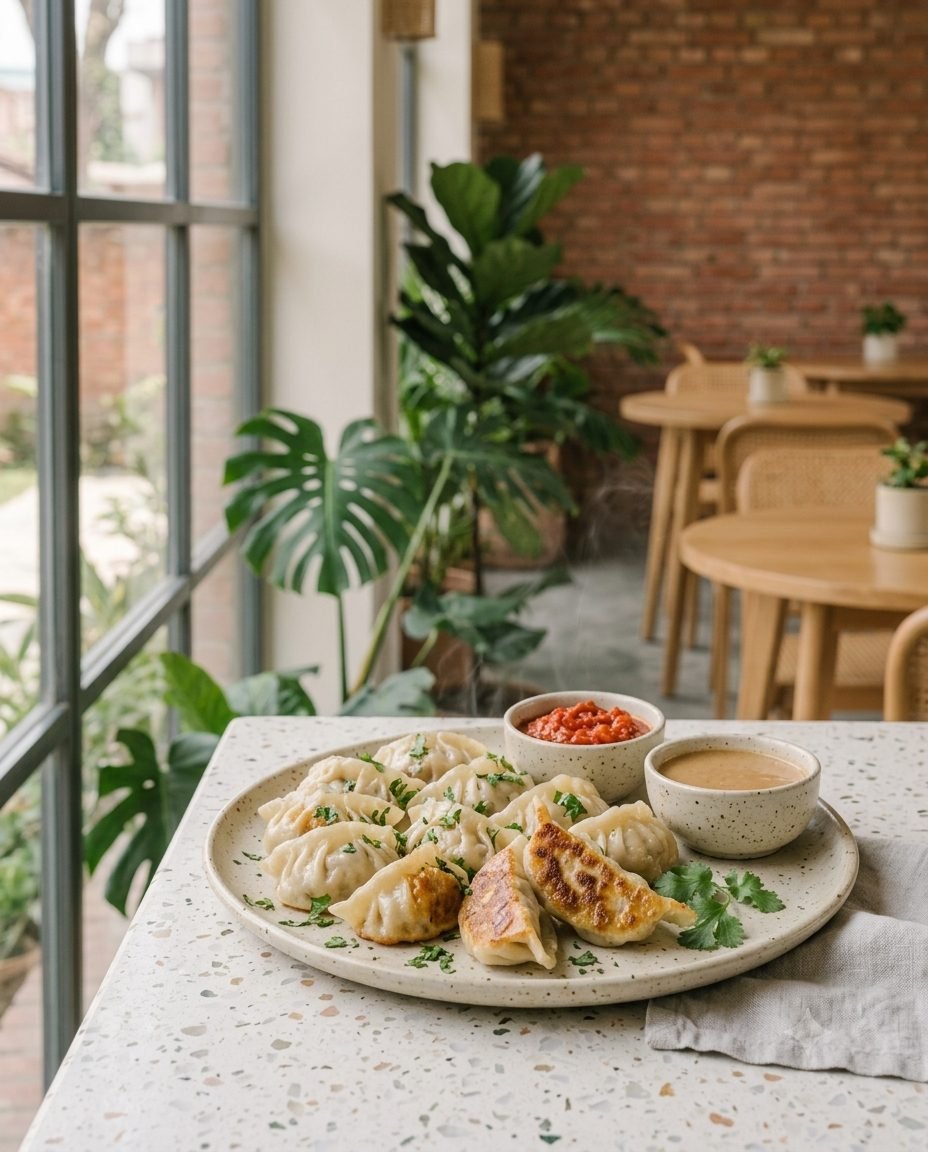 Pan-finished momo with two achars and fresh coriander on a terrazzo counter
