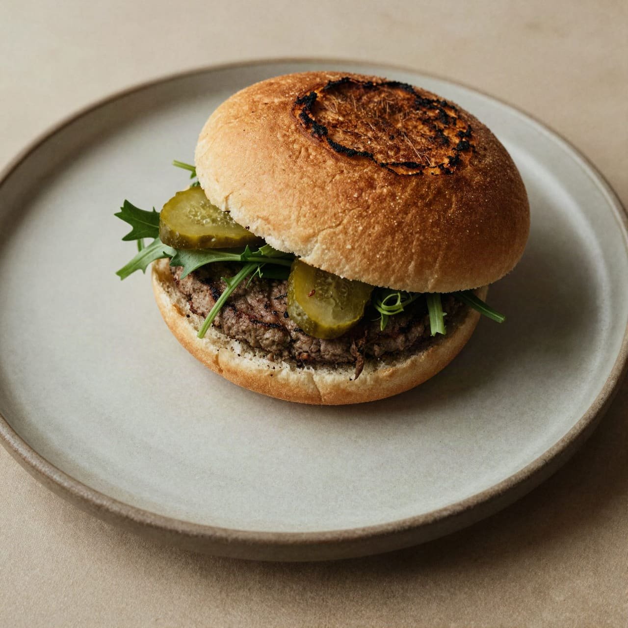 A toasted burger with pickles on a stoneware plate