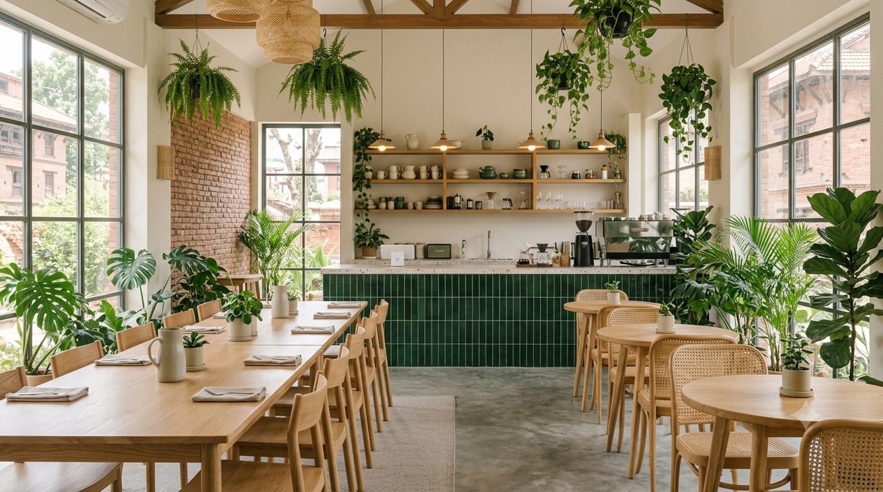 Inside Verde Theory: a long oak table, a bottle-green tiled counter, a Newari brick wall and plants in morning light
