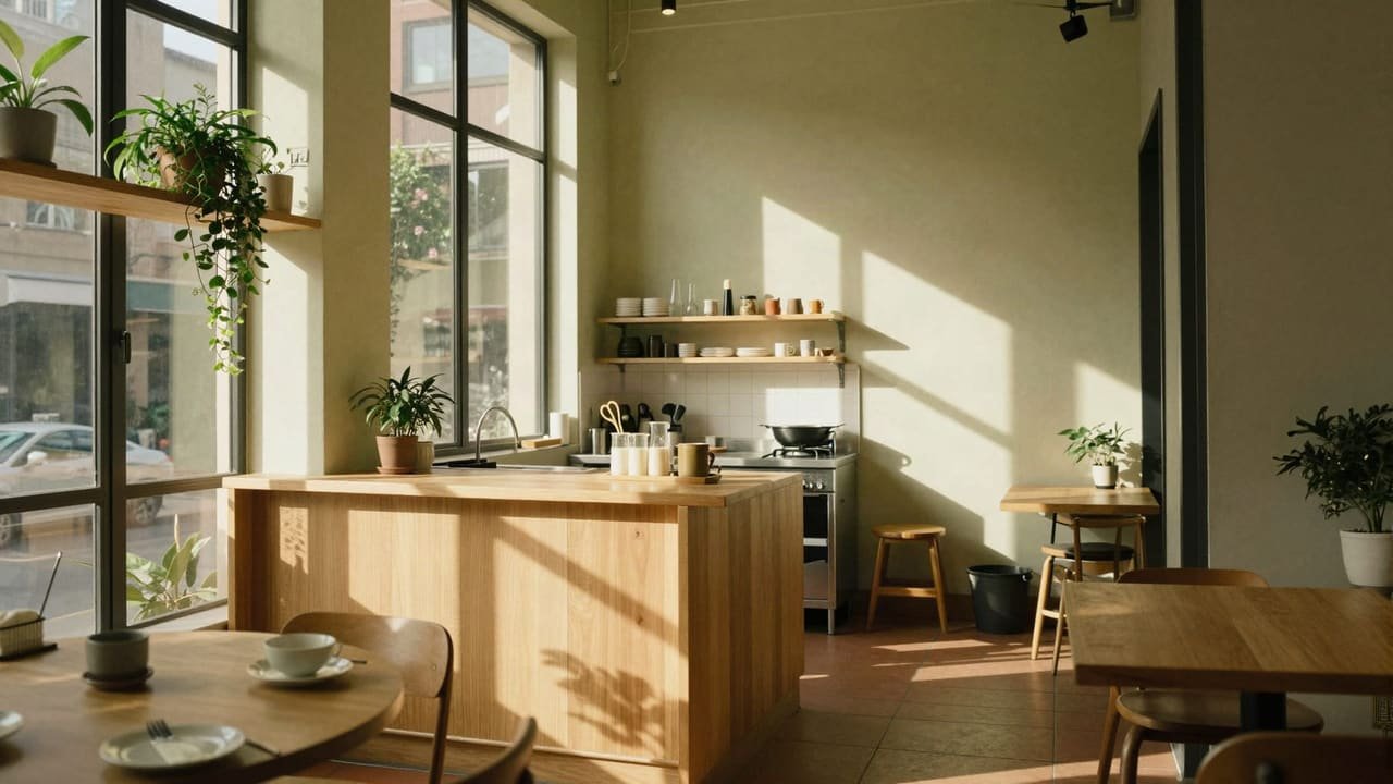 The open counter, shelves of stoneware and a window full of plants
