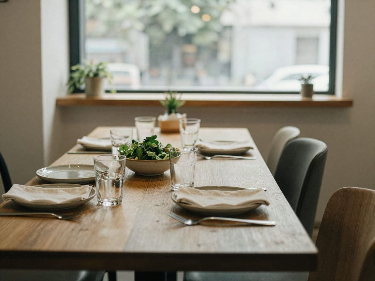 A long oak table laid for lunch beside a tall window