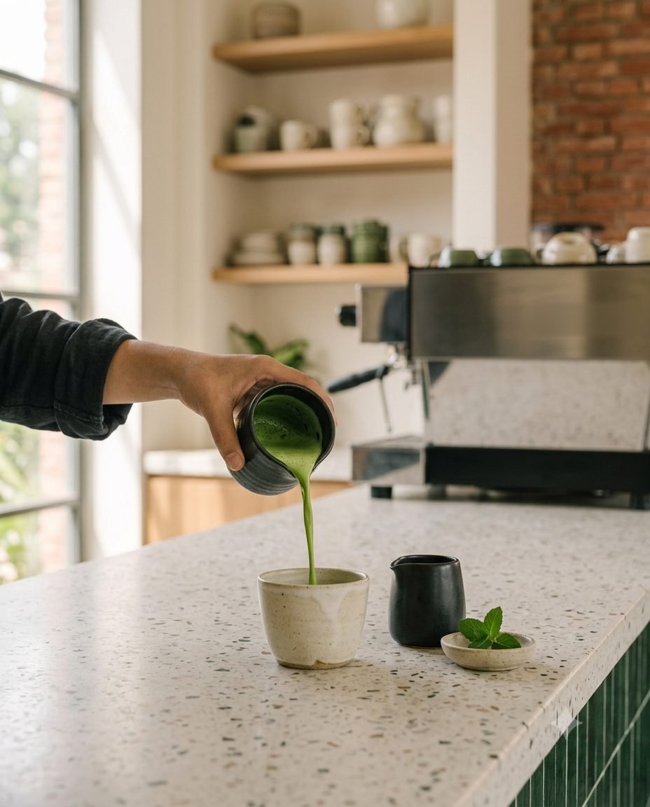 A green matcha latte poured into a stoneware cup at the coffee bar